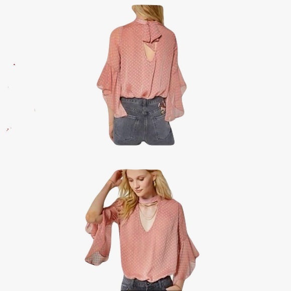 Band of Gypsies Tops - Band of Gypsies Floral Appliqué Bell Sleeve Sheer Blouse